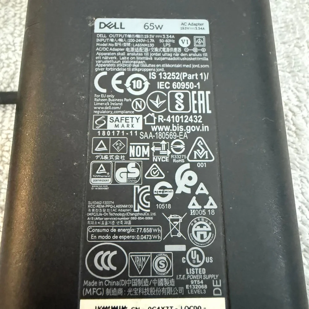 Dell 65W Black AC Adapter Laptop Power Supply One Size